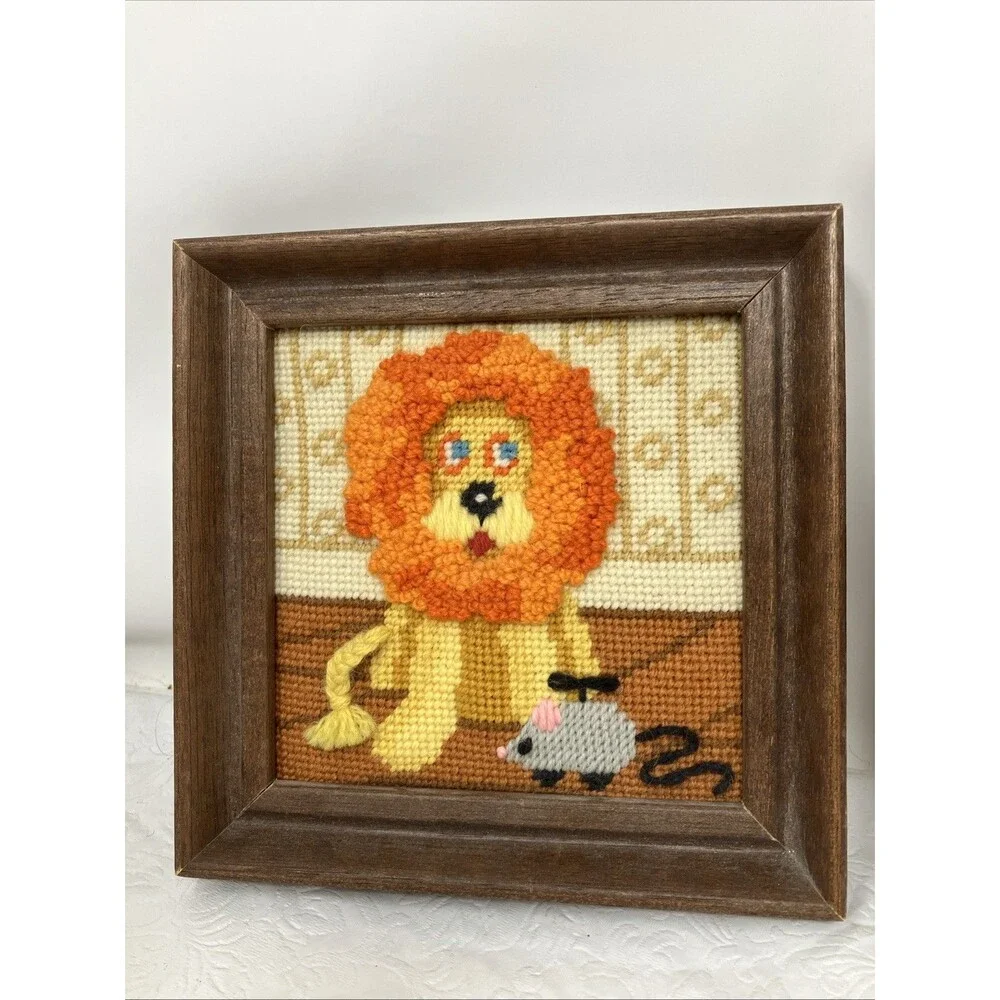 Needlepoint Framed Art Lot 3 Animals Lion Mouse Owl Cottagecore Nursery Small
